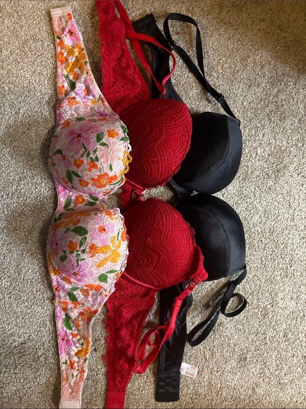 Set of Three Women's Bras - Floral Pink, Red Lace, Black Smooth